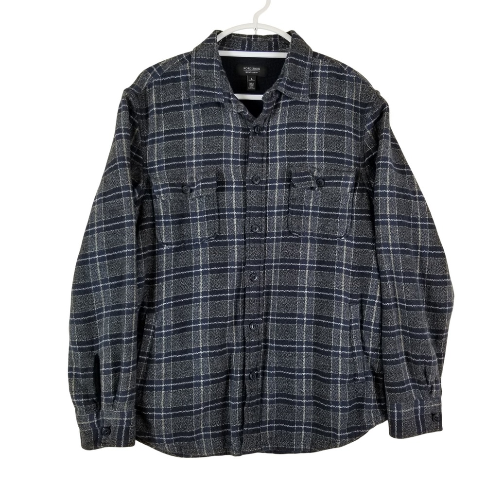 Nordstrom Men's Shop Flannel Shirt Jacket Mens L Navy Blue Plaid Thermal Lined